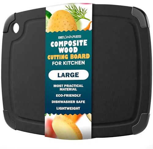 Dishwasher Safe Cutting Board, Large 14.5 x 11.25 Inch Composite Wood Chopping Surface with Juice Groove, Non Slip Feet, Lightweight Kitchen Countertop for Meat and Vegetables - Slate Black