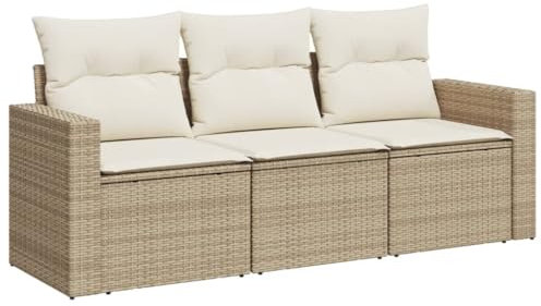 vidaXL Garten Sofa Garnitur 3-TLG., Gartenmöbel Set mit Kissen Stauraum, Sitzgruppe für Garten Terrasse, Modular Gartensofa Lounge, Beige Poly Rattan