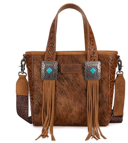Wrangler - Borsa tote da donna in pelle bovina, con motivi incisi e frange in pelle, Marrone occidentale, Large