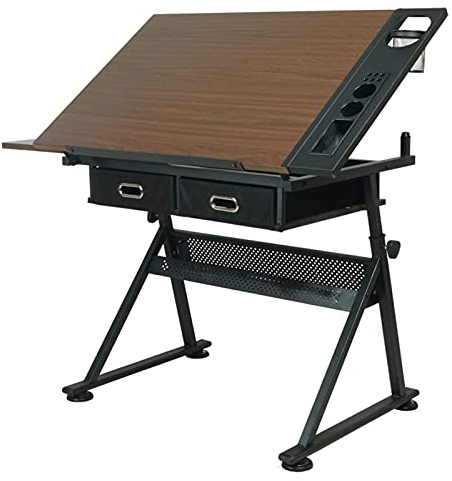 Aioneer Zeichentisch, höhenverstellbarer Zeichentisch, kippbarer Tisch, Zeichentisch, mit 2 Schubladen, Kunstschreibtisch, Lesearbeitsplatz, Natur