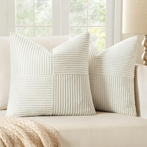 MIULEE 2er Set Kissenbezug 50x50cm Weiß Kordvelours Kissenhülle sofakissen | Kissenbezüge Sofakissen Dekokissen Boho Couchkissen Kord Dekorative Zierkissenbezug für Sofa