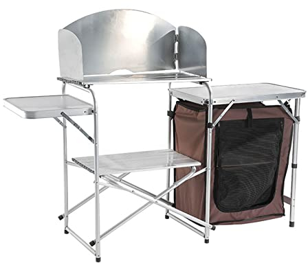 Camping Cupboard Kitchen Station Cook Table Aluminum,Portable Camp Cook Table with Storage Organizer Shelves for BBQ Party Picnics