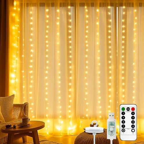 btfarm 3M x 3M Curtain Fairy Lights, 300 LED Remote Control Hanging String Lights USB Powered, 8 Modes Timer Dimmable Waterfall Window Lights for Indoor Wedding Party Garden Bedroom Decor, Warm White