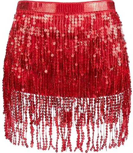 GORGECRAFT Bauchtanz Hüfttuch Mit Pailletten Quastenrock Wickelrock Mit Fransen Rot Funkelnd Rave Kostüm Für Frauen Karneval Yoga Bauchtanz Festivalkleidung Halloween Party 232cm
