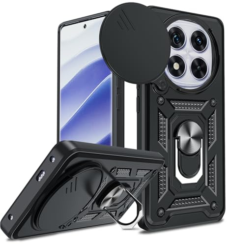 LeYi Funda para Xiaomi Redmi Note 14 Pro 5G/ Xiaomi Poco X7 5G，Negro | Carcasa Cubierta de cámara Deslizante Fundas móvil Capa Proteger Anillo Soporte Silicona TPU Armor Bumper Case