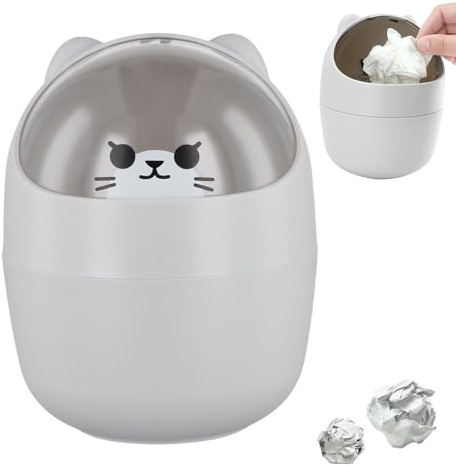 YUNXCNA Mini Schreibtisch Mülleimer mit Deckel, 16,5x12cm, Grauer, Kunststoff (PP), Niedlich, Süße Cartoon, Schreibtisch, Büro, Wohnzimmer, 1,5 Liter
