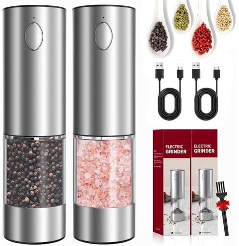 TsoLay Molinillo eléctrico de Sal y Pimienta, Paquete de 2 saleros y pimenteros eléctricos Recargables automáticos con luz LED, Grosor Ajustable, Acero Inoxidable, para Cocina, Comedor