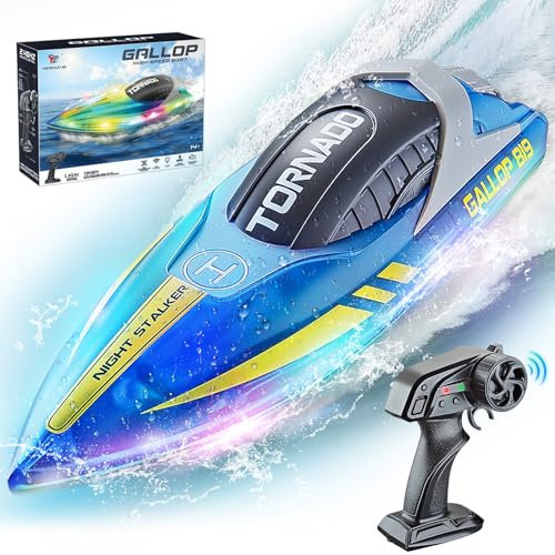 JONRRYIN Ferngesteuertes Boot, RC Boot mit LED-Licht für Pools und Seen, 2,4 GHz Ferngesteuerte Boote RC Rennboot, Speedboot Poolspielzeug für Kinder und Erwachsene (Blue)