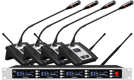 4 Channel UHF Professional Wireless Conference Room Microphone Set True Diversity Church School Meeting Microphone, 19 Inch Rack Mountable, Black
