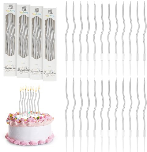 URAQT 24 Velas de Cumpleaños en Espiral, Velas de Cumpleaños en Espiral en Soportes, Velas Metálicas Largas y Delgadas para Cupcakes para Cumpleaños, Bodas, Decoración de Fiestas(Silberne Spirale)