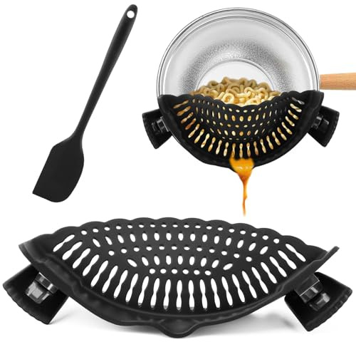 Colino a clip con raschietto, colino in silicone per pentole e padelle, scolapasta regolabile per carne, verdura, frutta, universale, adatto a tutti gli utensili (colore nero)