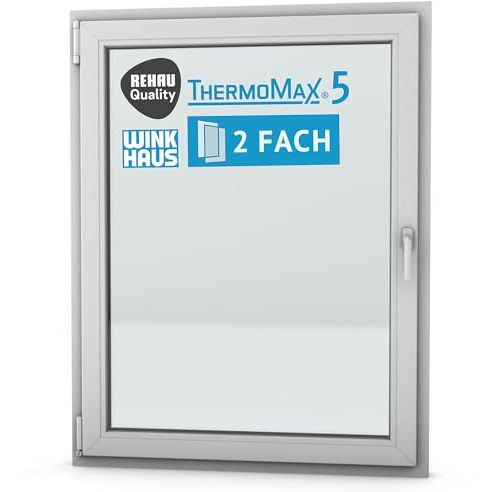 ThermoMax 5 Classic Kunststoff-Fenster, Uw-Wert 1,3, BxH: 105x135cm / 1050x1350mm, DIN links (Griff rechts), mit 2-fach Wärme-Isolier-Verglasung, Winkhaus Sicherheitssystem & Rehau Profil