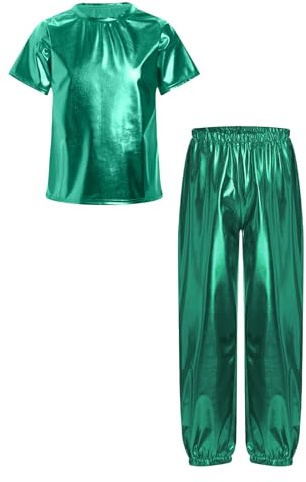 TTAO Tuta da ginnastica per bambini e bambine, con brillantini, stile hip hop, metallizzato, a maniche corte, per danza, verde, 122-128