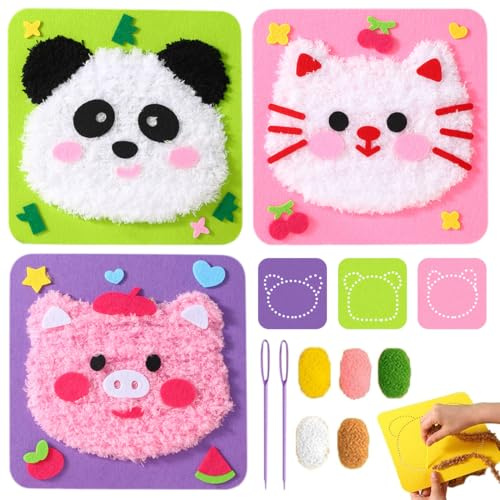MOLZINY 3 Stück Nähset Kinder Nähset Tierformen Filz Bastelset Für Kinder Und Anfänger Filz-Nähpaket Mädchen Nähen Waldtier-Nähset Filz Nähen Kits DIY Art Craft Kreativ Bastelset Kinderbastelset