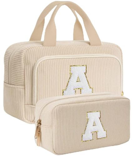 Personalisierte Kosmetiktasche Geschenke für Frauen - Initialen Kulturtasche Damen, Tragbare Groß Make-up Tasche Set, Geburtstagsgeschenk für Frauen Mädchen Schwester Freundin Beige Cord-Kulturtasche
