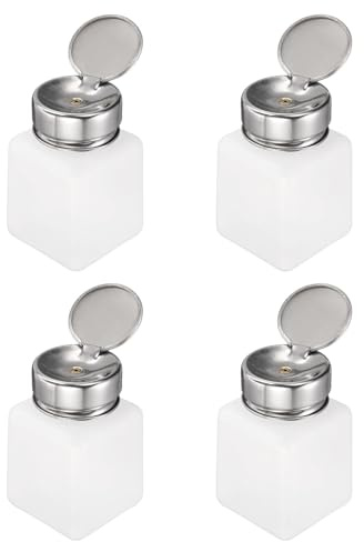 sourcing map 4pcs Solvent Alcohol Dispenser 120ml(4oz) Nail Polish Remover Push Down Liquid Dispenser Pump Bottle with Stainless Steel Press Head for Acetone Solution, White