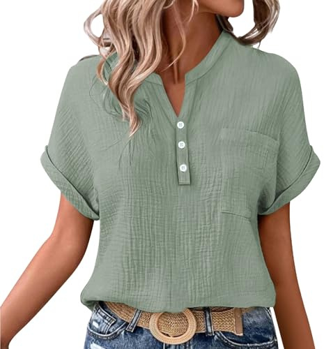 Musselin Bluse Damen Oversized Button-Down Sommerbluse Elegant V Ausschnitt Leinenbluse GroßE GrößEn Bluse Kurzarm T-Shirts Baggy Kleidung Musselin Hemd Solide Top Hohe Taille betont die Beine