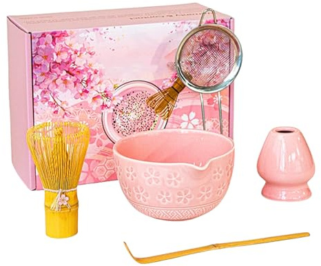 Matcha set komplett, matcha teset med matkakvast set, matchaskål av keramik, sked och kvasthållare macha teset matchatillbehör traditionell teskål chawan present för matchaälskare rosa