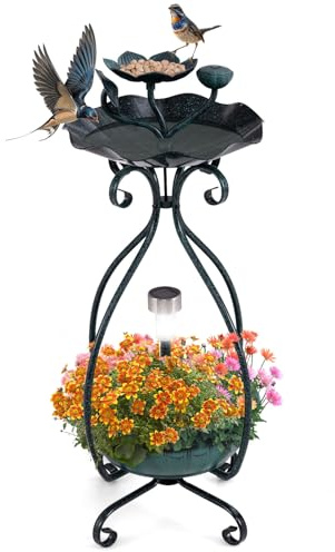 COSTWAY fågelbad med solcell, fågelbad matare blomkruka, med dekorativ lotus och blad, metall, fågelmatningsstation dekoration, för vilda fåglar trädgård gård, 79 cm hög (grön)