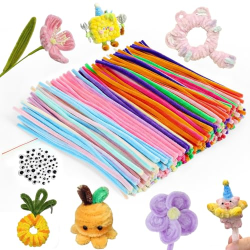 400 Pfeifenputzer Zum Basteln Set, 200 StüCk Pfeifenreiniger Blumen, 5 Farben Rosa Grün Pfeifenputzer, 200 sowie Wackelaugen Blumen Für DIY Kinder & Erwachsene