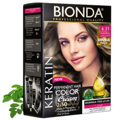 Bionda Professional Hårfärg 6.31 Gyllene Mandel 200 ml Dubbelpack Keratin | Permanent cremefärg med keratin och moringa som täcker grått till 100% och ger jämn, långvarig färg med lyster