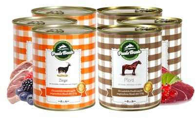 Pauls Beute Probierpaket Nassfutter Ziege & Pferd | 6 x 800g | Hypoallergenes Hundefutter Nass | Monoprotein | Fettreduziert | Ohne Künstliche Zusatzstoffe | Inkl. Gratis Dosendeckel