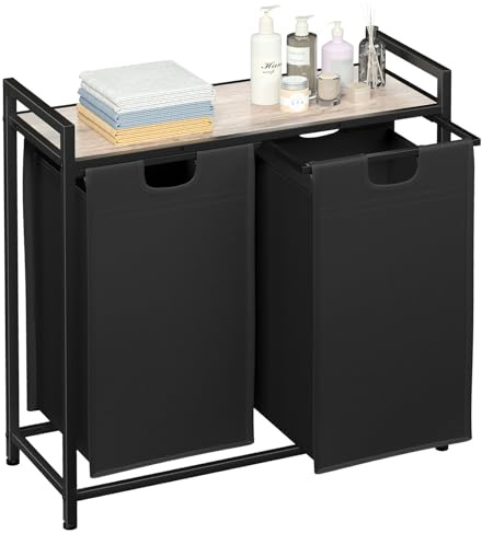 AMHANCIBLE Wäschekorb 2 Fächer, Wäschesammler mit Ablage, Wäschebox | Wäschesack aus Oxford-Gewebe ausziehbar abnehmbar, 38 L x 2, Stahlrahmen und obere Ablage, 73 x 30 x72cm, Grau EHLS02GY