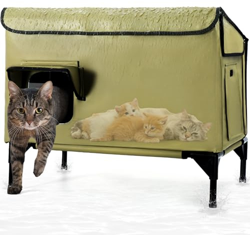 Großes Katzenhaus Outdoor Winterfest Isoliert, Erhöhtes Katzenhaus für Draußen mit Schrägdach und Fluchttür für Verwilderte Freigängerkatzen, Streunerkatzen vom Bauernhof (Grün)