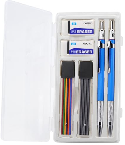 JOMPENS Druckbleistift-Set, 2,0 mm, Box mit 2 Bleistiften, 24 Bleistiftminen und 2 Radiergummis inklusive integriertem Spitzer, perfekt zum Schreiben, für Kunst, Hausaufgaben und Tagebücher (blau)