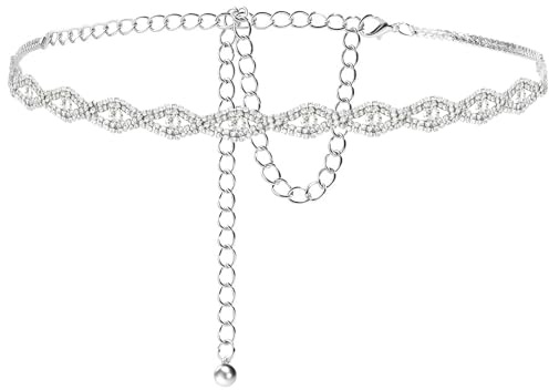 VLYX Glittrande kedjebälte med strass och kristaller för kvinnor, justerbart midjebälte i silver, bröllops- och festaccessoarer