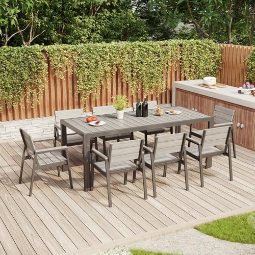 TRIUMPHKEY Aluminium Gartenmöbel 8+1, Gartenmöbel Set mit 1 189 cm PS Gartentisch und 8 Gartenstühle in Holzoptik mit Armlehnen, Wetterfeste Terrassenmöbel, Balkonmöbel, Grau