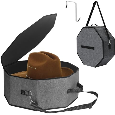 rloao Hat Storage Box with Lids for Women Men, 17 x 7 Foldable Hat Boxes | With Carry Handles and Removable Shoulder Strap, Multifunctional Hat Case Portable Cap Organizer with Hook for Travel Closet