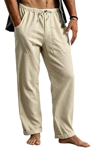 Cegerne Pantalones de Lino Hombre Largos Ligeros, Pantalón de Verano Casual con Cintura Elástica y Cordón, para Playa Vacaciones Medieval Vintage y Uso Diario