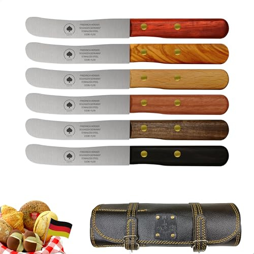 Solingen Messer 6er Set ohne Wellenschliff inkl. hochwertiger Ledertasche, edler Holzgriff, Premium Buckelmesser, Frühstücksmesser, Brötchenmesser, rostfreie Klinge, extra scharfes Küchenmesser