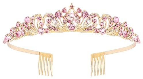 Pruadeor Strass und Kristall Tiara Krone für Mädchen (Rosa) | Elegantes Diadem Braut Stirnband für Hochzeit, Abschlussball und Geburtstagsfeier