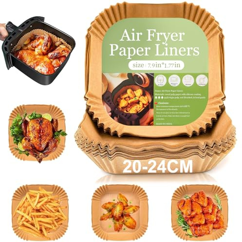 Niniber Papel Freidora Aire de 20-24cm,100 Unidades,Papel de Freidora de Aire Desechable de Grado Alimenticio,para Horno, Hornear y Microondas,Para Freidoras de Aire de 5 a 8 litros,BPA Free