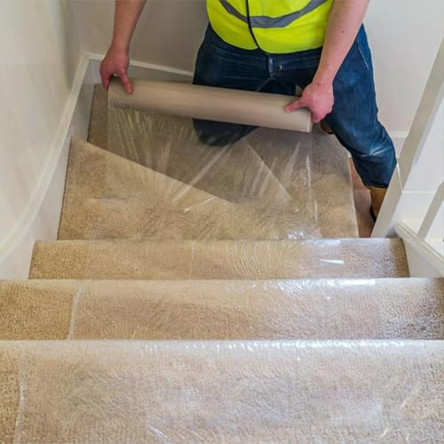 Carpet Protector Film Roll – Self Adhesive Carpet Protection 60cm x 25m, Heavy Duty Waterproof Sticky Floor Cover for Stairs, Decorating, Moving & Renovation