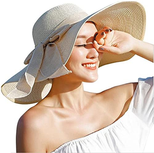 ericotry Damen Strohhut mit großer Schleife, Strandbekleidung, breiter Schlapphut, faltbar, aufrollbar, große Krempe, Sonnenhut, LSF 50+, Party, Garten, Reisen