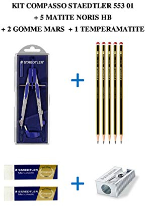 Staedtler Schul-Set bestehend aus leichtem Zirkel 553 01 + 5 Bleistifte Noris 120 Grad HB + 2 weiche Radierer Mars Plastic 526 50 + 1 Spitzer mit 1 Loch 510 10