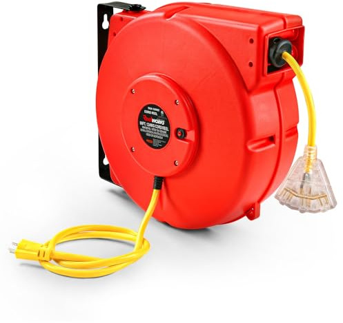 ReelWorks Extension Cord Reel Retractable Longest Industrial 12awg x 80' Foot Commercial Premium Grade Ultra Flexible 3C/SJTOW Glow Strip Cable and Led Light Up Triple Tap Connector Use Indoor/Outdoor