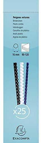 Exacompta 76500E 25er Pack Bindekämme 16 mm dick 21 Ringe geeignet für A4-Dokumente für ca. 90–100 Blatt aus PVC weiß Binderücken Kammbinder
