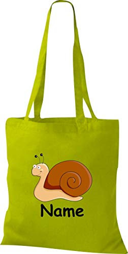 Shirtinstyle Stoffbeutel Tasche, Tiermotiv Schnecke mit Wunschnamen, Natur Zoo Tiere Animal, Geschenk, Baumwolltasche, Logo, Spruch, Verwandschaft, Motiv, Farbe Kellygreen