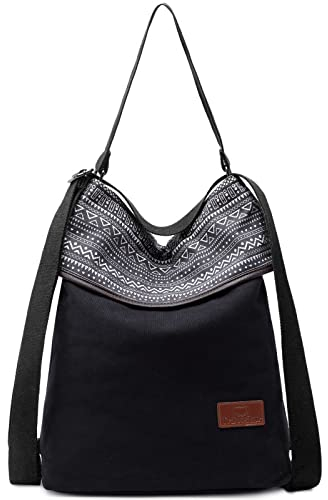 Travistar Damen Schultertasche Canvas Rucksack Groß Handtasche Vintage Damen umhängetasche Anti Diebstahl Tasche Damen Hobo Tasche für Alltag Büro Schule Ausflug Einkauf - Gedrucktt Schwarz