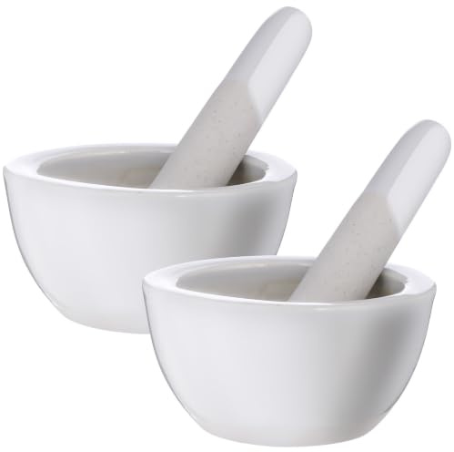 iplusmile 2 Juegos de Mortero Y Mortero de Cerámica Blanca Pequeño Tazón de Piedra Trituradora de Medicina de Porcelana Tazón de Molienda Palillo para Trituradora de Pastillas de Especias