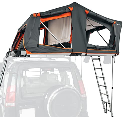 Prime Tech Luxus-Hartschalen-Autodachzelt Rodin Pro silbern - Familienmodell mit 2 teilbaren Schlafbereichen 200x250 cm - Automatiköffnung