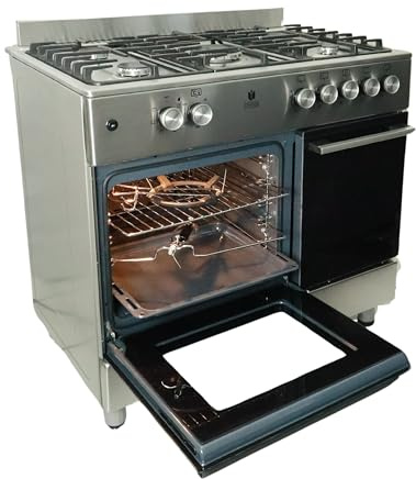 Gasline Gas Standherd mit Elektrobackofen und Flaschenschrank 90cm GAG90GOXFLE Edelstahl, Propan Regler 50Mbar + Gasschlauch