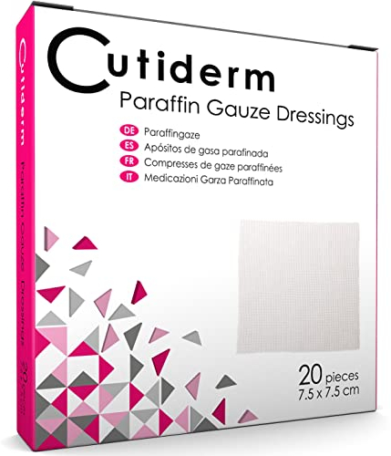Cutiderm Sterile Paraffin Gauze Dressing 7.5cm x 7.5cm Pack of 20 - Suitable for Superficial and Partial Thickness Burns, Skin Loss Wounds, abrasions and Traumatic Injuries