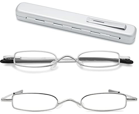 Lanomi Mini Schmal Lesebrille Herren Damen Metall Klassische Kleine Federscharnier Lesehilfe Brille mit etui Silber Sehhilfe 1.0