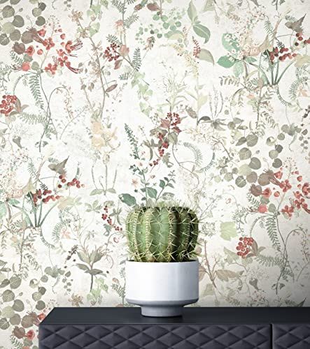 Newroom Vliestapete Weiß Blumen Ranken Landhaus Tapete | Filigrane Wildblumen, Beeren, Terrakotta und Salbeigrün, Putzstruktur matt, Vintage Boho