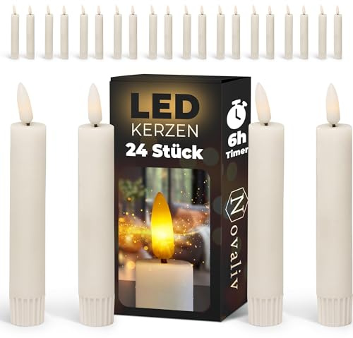 Novaliv 24er Set Stabkerze LED - aus Echtwachs bewegliche Flamme Timer - 12, 5cm Höhe für 2, 2cm Durchmesser / AAA Batterien notwendig -, Elfenbein, Klein